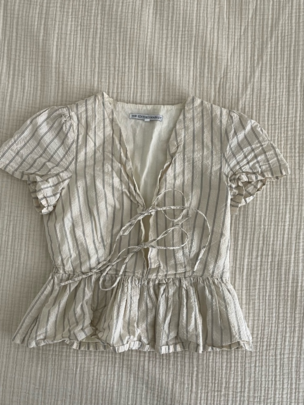Ivory Stripe Tie-Front Peplum Top